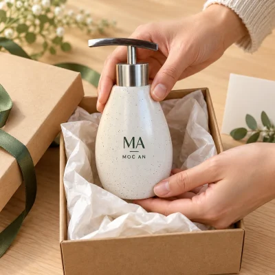 Bình gốm có vòi inox dáng xoài nhỏ 200 ml, men chấm – đóng hộp bảo vệ cho món quà có thân gốm
