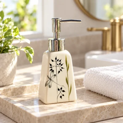 Bình gốm có vòi dáng thang vai xuôi 200 ml, vẽ lá – gợi ý bố trí trên khay chăm sóc cá nhân