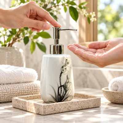 Bình gốm có vòi dáng vuông vát bầu 350 ml, vẽ sen – một điểm nhấn gọn trên bàn chăm sóc cá nhân