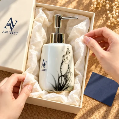 Bình gốm có vòi dáng vuông vát bầu 350 ml, vẽ sen – đóng hộp bảo vệ cho món quà có thân gốm