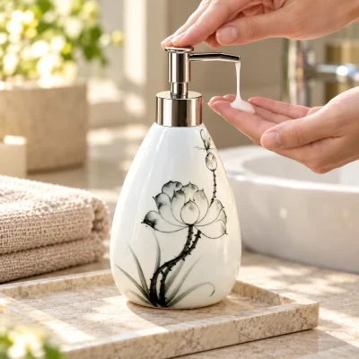 Bình gốm có vòi dáng xoài lớn 400 ml, vẽ sen – một điểm nhấn gọn trên bàn chăm sóc cá nhân