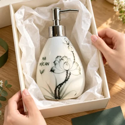 Bình gốm có vòi dáng xoài lớn 400 ml, vẽ sen – đóng quà với hộp vừa bình lớn và cụm vòi