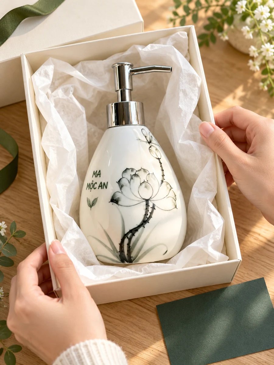 Bình gốm có vòi dáng xoài lớn 400 ml, vẽ sen – đóng quà với hộp vừa bình lớn và cụm vòi