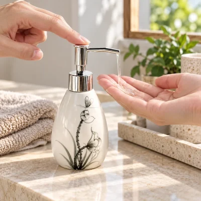 Bình gốm có vòi dáng xoài nhỏ 200 ml, vẽ sen – một điểm nhấn gọn trên bàn chăm sóc cá nhân