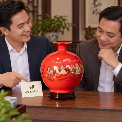 Cảnh xem quà bình bát mã đỏ cùng thiệp AN KHANG