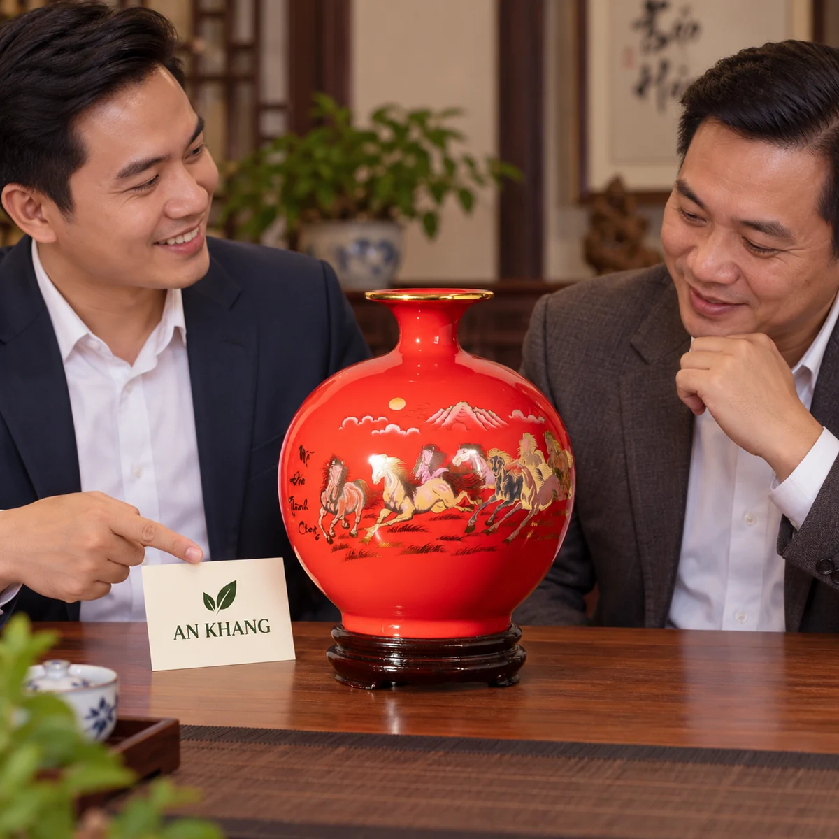 Cảnh xem quà bình bát mã đỏ cùng thiệp AN KHANG