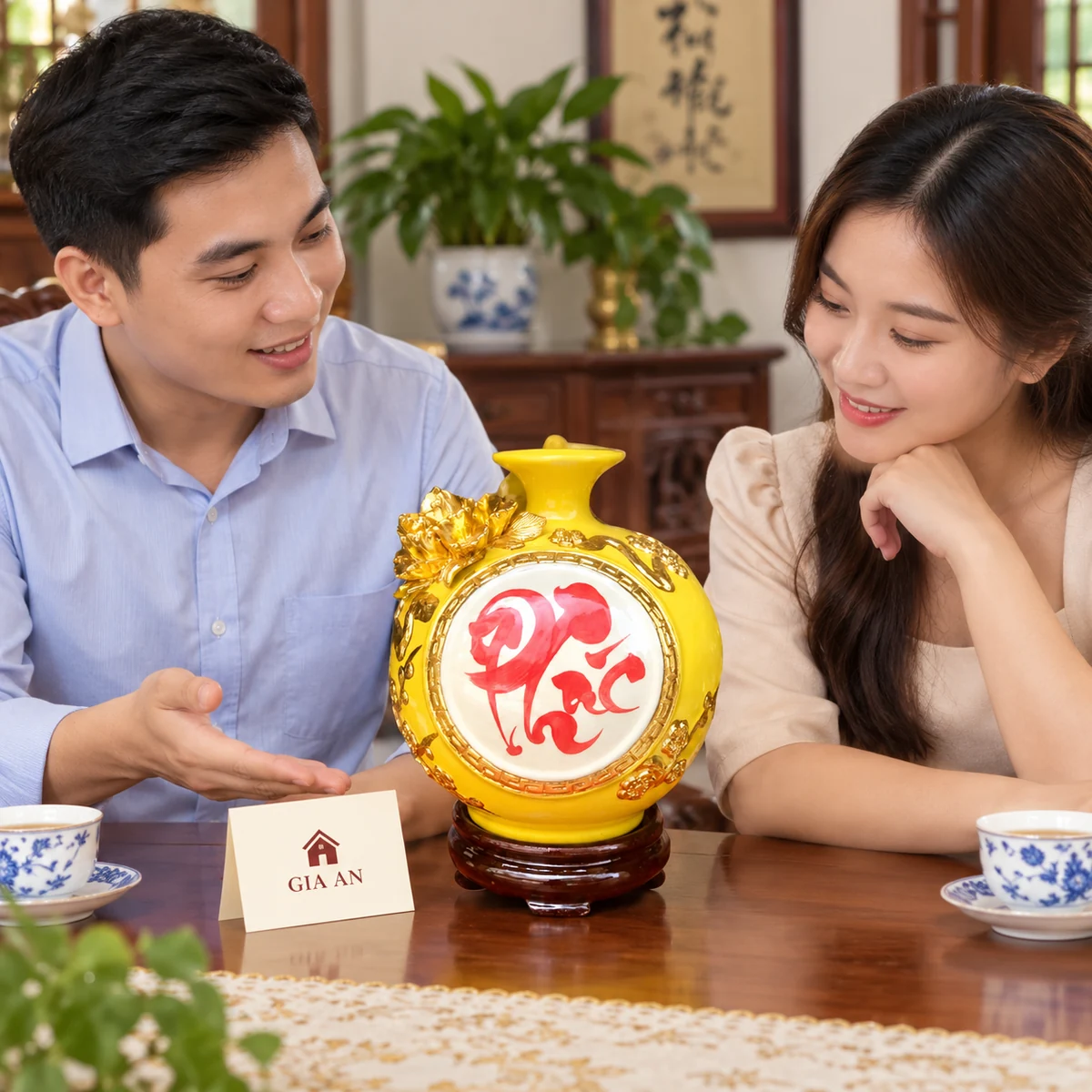 Cảnh giới thiệu bình chữ Phúc cùng thiệp GIA AN trên bàn