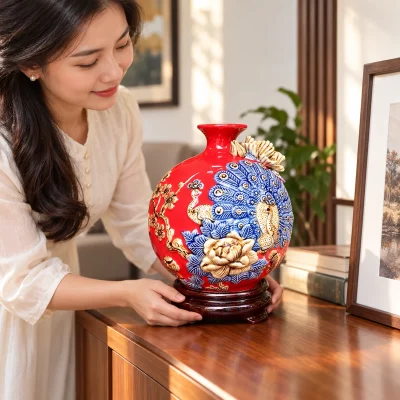Bình hút lộc Công thành danh toại H22 men đỏ – chọn khoảng trưng bày cho bình