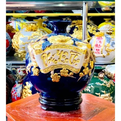 Bình hút lộc cuốn thư Phúc Lộc Thọ H22 xanh lam dát vàng – cao 22 cm, thân rộng 19 cm