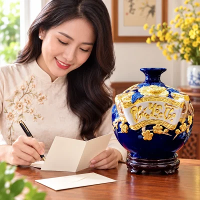 Bình hút lộc cuốn thư Phúc Lộc Thọ H22 xanh lam dát vàng – viết lời trao riêng cho người nhận
