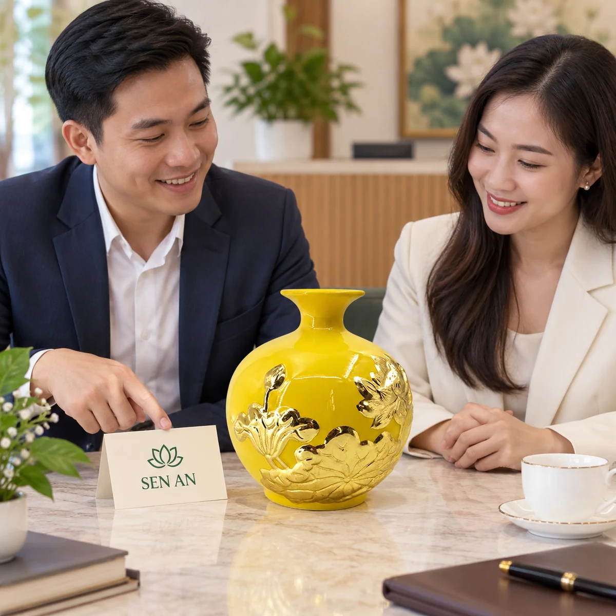 Cảnh duyệt quà bình hoa sen cùng thiệp SEN AN trên bàn