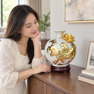 Bình hút lộc Mã đáo thành công H22 men rạn dát vàng – đặt mặt ngựa hướng về người nhìn