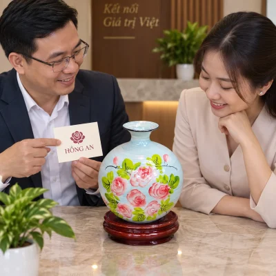 Cảnh xem bình hoa hồng cùng thiệp HỒNG AN trên bàn
