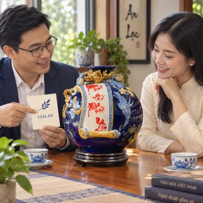 Cảnh giới thiệu bình Phát tài phát lộc xanh cùng thiệp TÂM AN