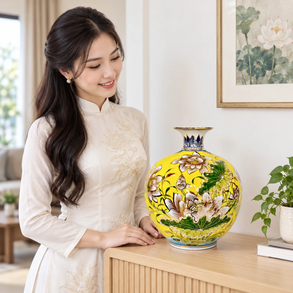 Bình hút lộc Sen phú quý H30 vẽ vàng – điểm trang trí trên kệ hoặc tủ thấp