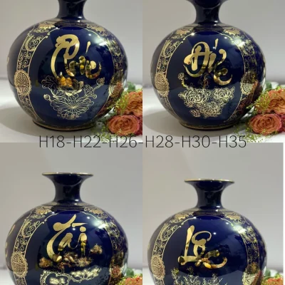 Bình hút lộc Tứ cảnh H18 xanh đậm hoa văn vàng kim – h18 là chiều cao 18 cm