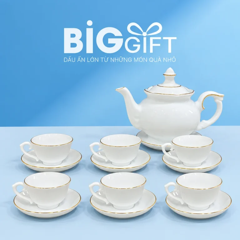 Bộ ấm chén đài cát 02 men trắng viền vàng