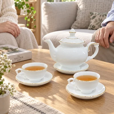 Mô phỏng ấm đài cát và hai chén trà có quai trên bàn gia đình