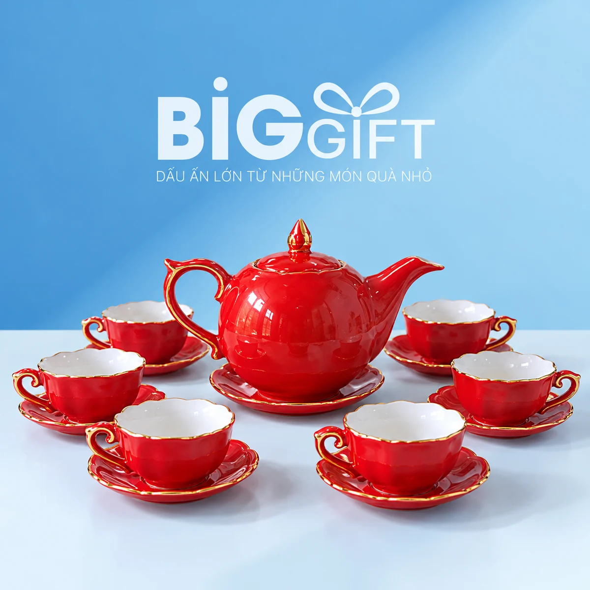 Bộ ấm chén đỏ mẫu đơn 01 viền vàng gồm một ấm và sáu chén trên nền BigGift