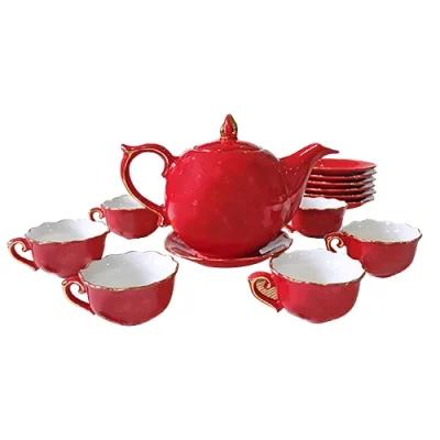 Ảnh nguồn bộ trà đỏ mẫu đơn 01 với sáu chén có quai và đĩa xếp chồng