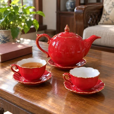 Mô phỏng ấm mẫu đơn đỏ và hai chén trên bàn trà gỗ trong phòng khách