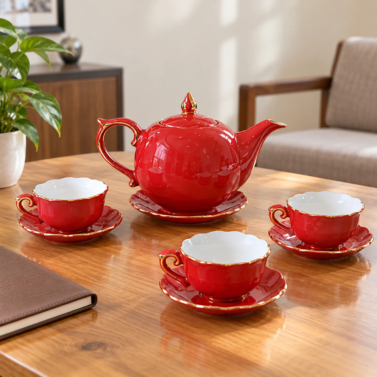Mô phỏng ấm chén mẫu đơn đỏ trên bàn tiếp khách cùng ba chén