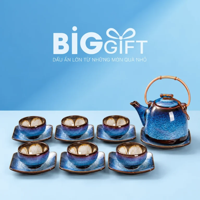 Bộ ấm chén hỏa biến Chuông 2 Lân Xanh quai xách