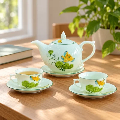 Mô phỏng ấm men ngọc hoa sen vàng và hai chén có quai tại bàn trà gia đình