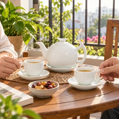 Mô phỏng dùng chén có quai và ấm bưởi cành tại góc trà ban công