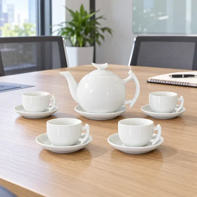 Mô phỏng ấm bưởi cành và bốn chén có quai trên bàn họp