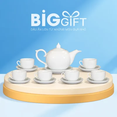 Bộ bưởi lửa 02 men trắng cùng sáu chén có quai trên bục thấp nền BigGift