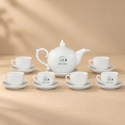 Mô phỏng nhận diện HỮU TÂM trên ấm bưởi lửa và hai chén trong bộ