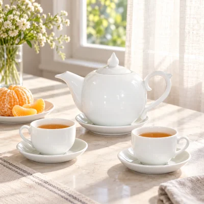 Mô phỏng ấm bưởi lửa cùng hai chén trà bên cửa sổ bếp