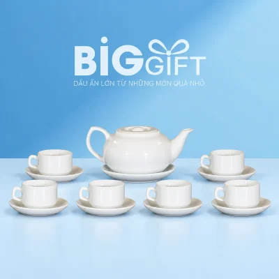 Bộ CK lõm số 3 men trắng với ấm nắp lõm và sáu chén có quai trên nền BigGift