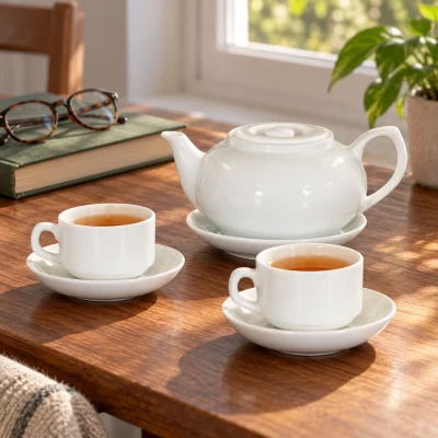 Mô phỏng ấm CK lõm cùng hai chén trà cạnh sách và kính