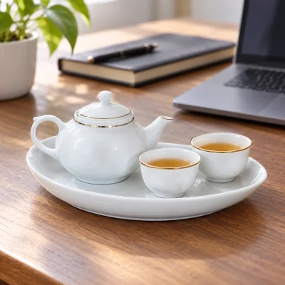 Mô phỏng ấm khay đào và hai chén trà tại bàn làm việc