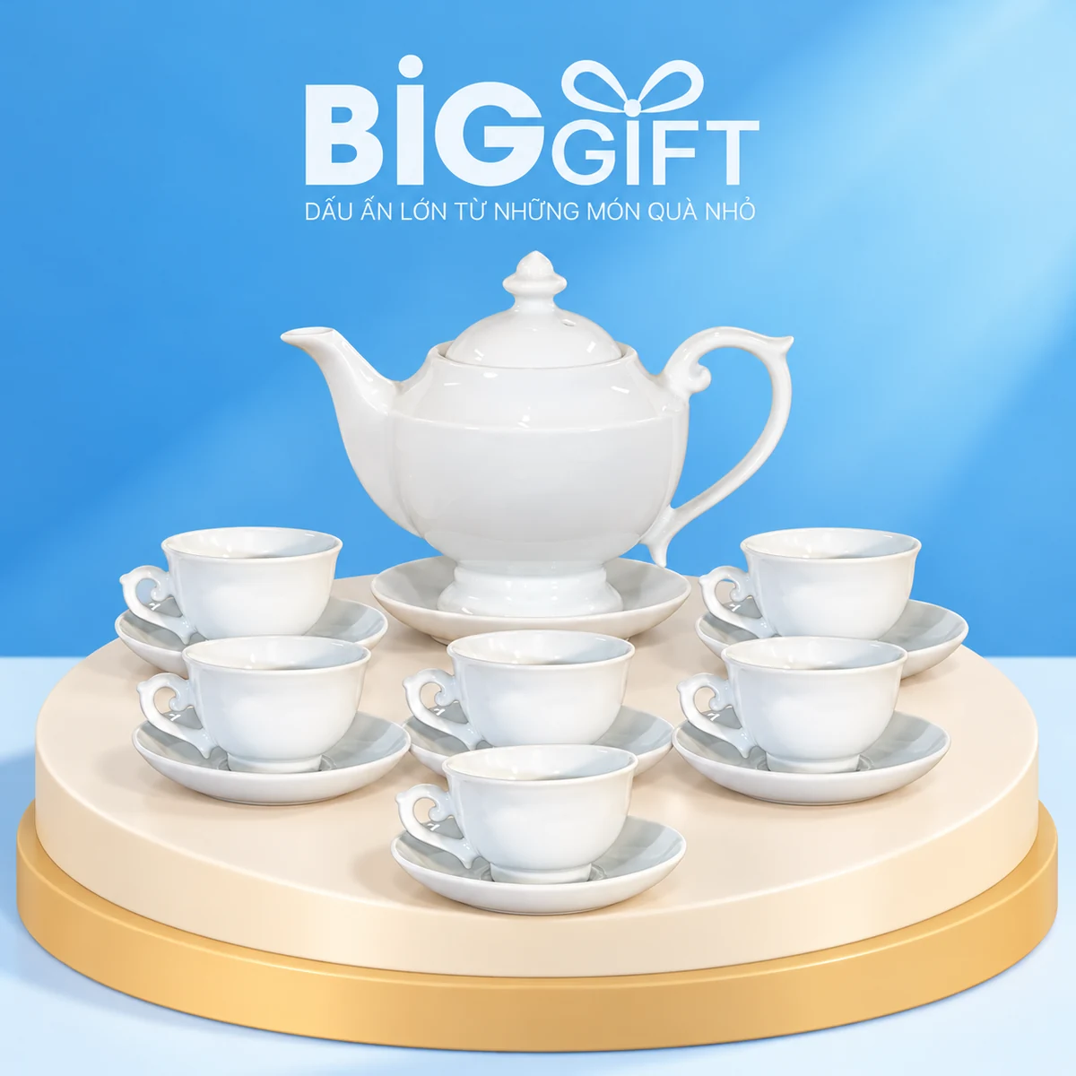 Bộ thần đèn men trắng gồm ấm chân cao và sáu chén có quai trên nền BigGift