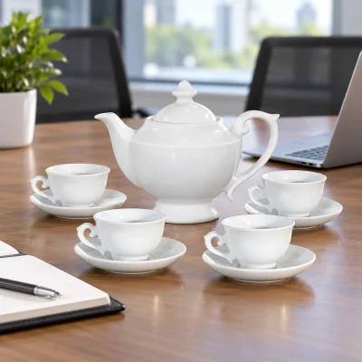 Mô phỏng ấm thần đèn cùng bốn chén có quai trên bàn họp