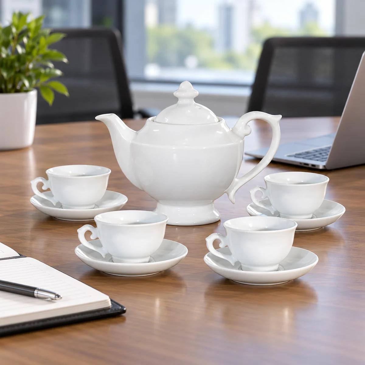 Mô phỏng ấm thần đèn cùng bốn chén có quai trên bàn họp