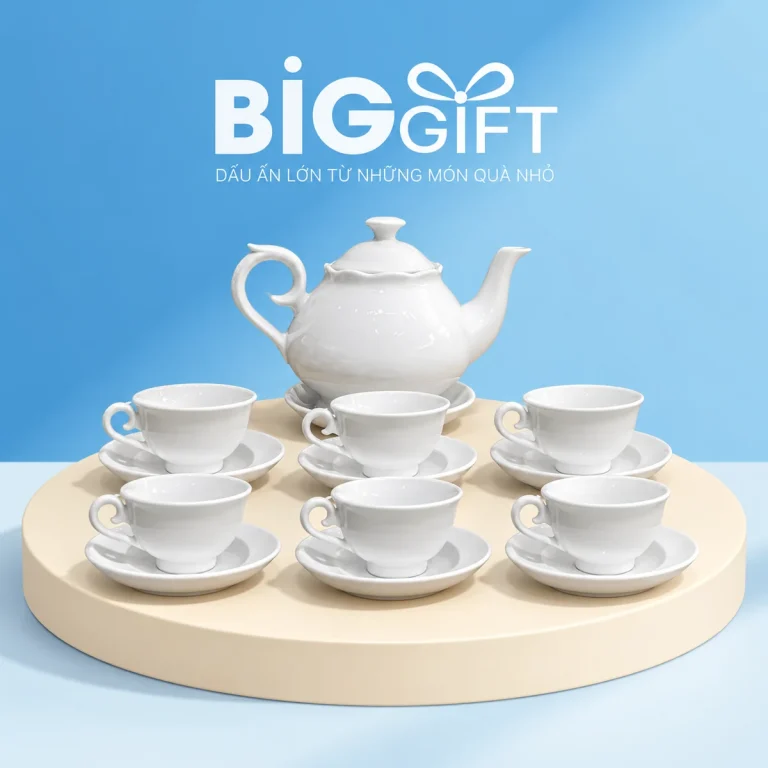 Bộ ấm chén men trắng thiên kim miệng lượn 02