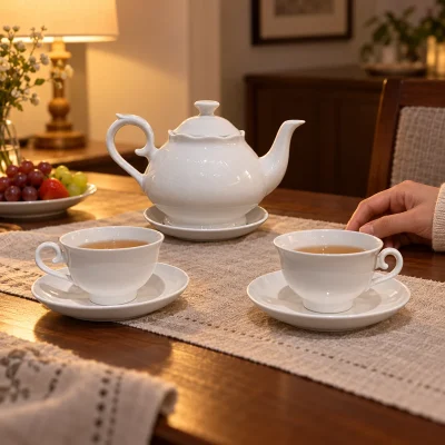 Mô phỏng bộ thiên kim với ấm và hai chén trên bàn trà gia đình