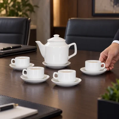 Mô phỏng bộ vuông cao với bốn chén và thao tác đặt chén trên bàn họp