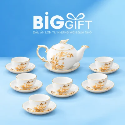Bộ ấm chén phượng hoàng 03 cành lá vàng xám với sáu chén trên nền BigGift