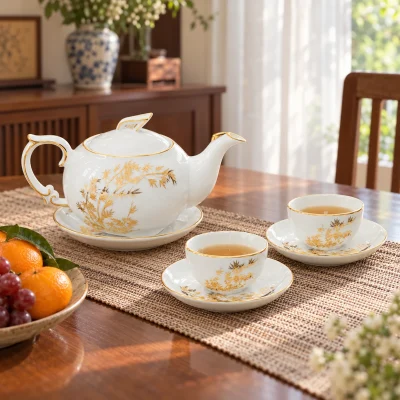 Mô phỏng ấm phượng hoàng 03 và hai chén tại bàn trà gia đình