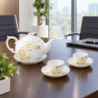Mô phỏng bộ trà cành lá vàng trên bàn tiếp khách với hai chén