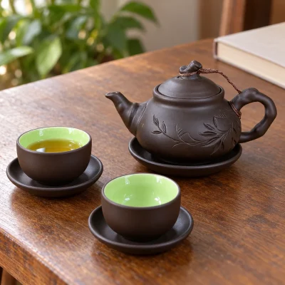 Mô phỏng ấm tử sa14 cành lá và hai chén lòng xanh trên bàn trà gỗ