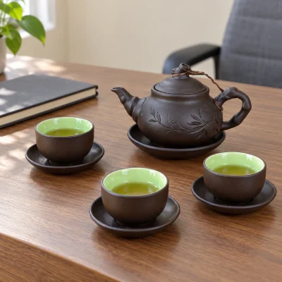 Mô phỏng ấm tử sa14 nâu sẫm và ba chén lòng xanh tại bàn tiếp khách