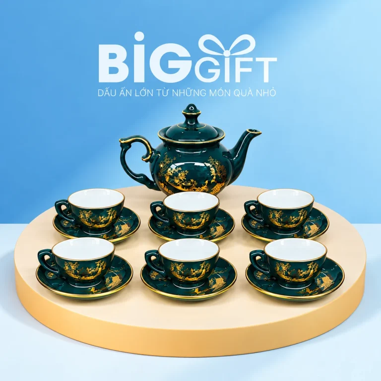 Bộ ấm chén xanh cổ vịt Đài Cát 02 họa tiết vàng