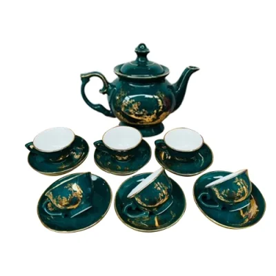 Ảnh nguồn bộ Đài Cát 02 xanh cổ vịt họa tiết vàng gồm sáu chén có quai