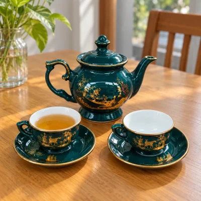 Mô phỏng ấm Đài Cát xanh cổ vịt và hai chén trên bàn gỗ gia đình